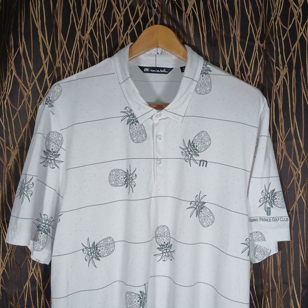 TravisMathew Polo Shirt Mens XXL White Pineapple Stripe Hawaii Prince Golf Club